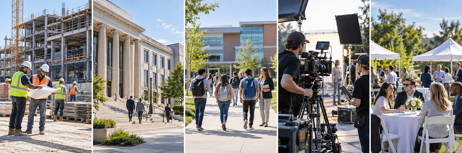 Five industries A5 Events serves: construction, government, schools, filming, and events