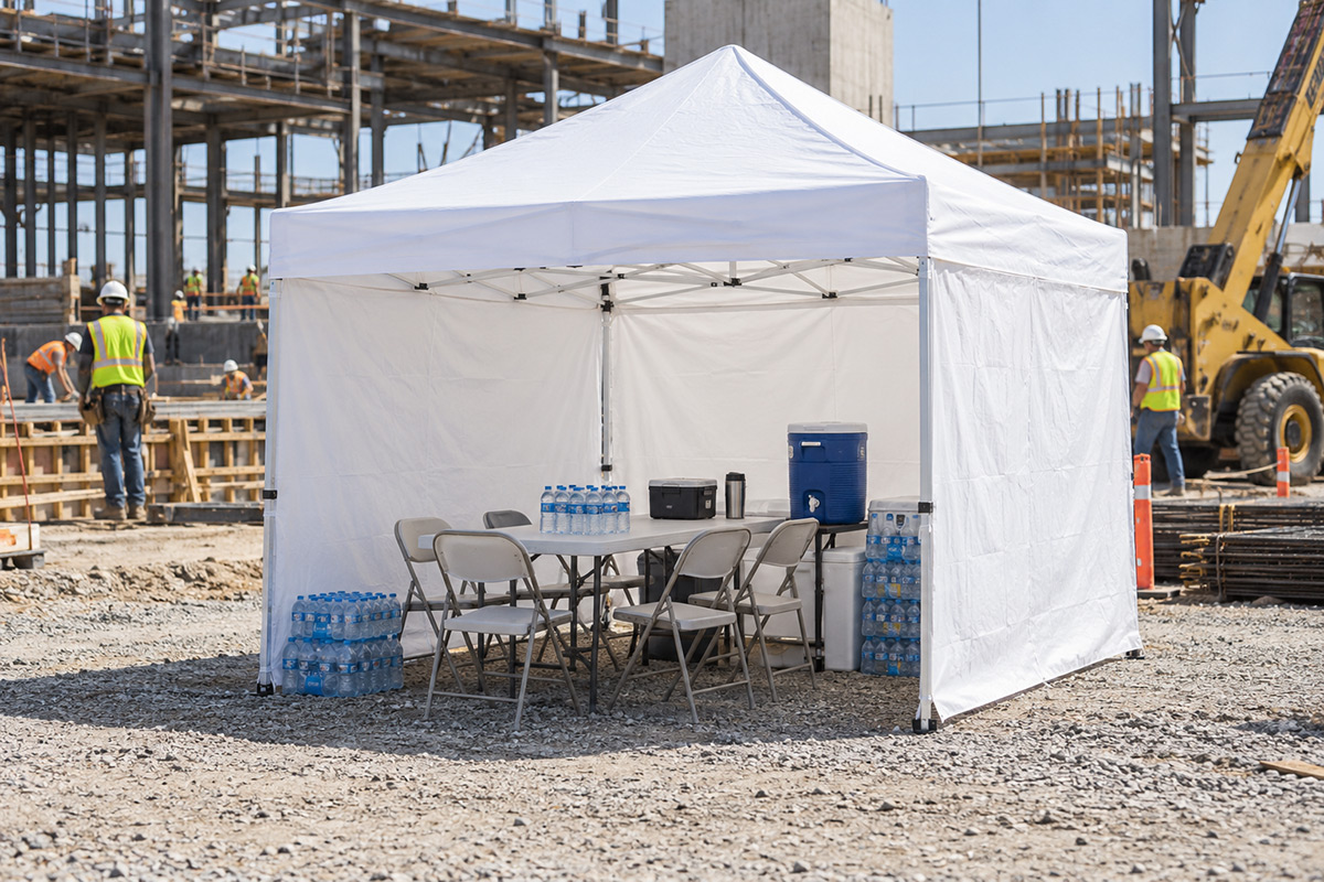 White canopy tent set up outdoors on site